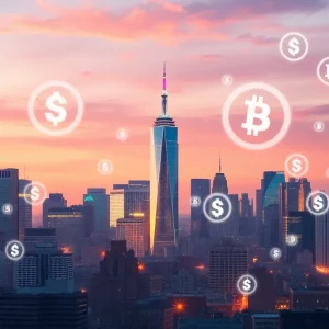 New York skyline with cryptocurrency icons