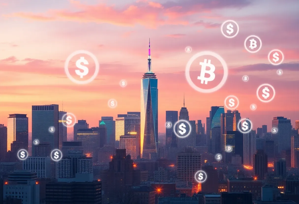 New York skyline with cryptocurrency icons