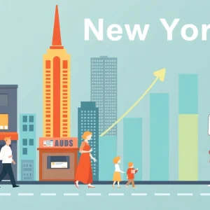 Illustration of economic recovery in New York showcasing businesses and families benefitting from enhanced unemployment benefits.