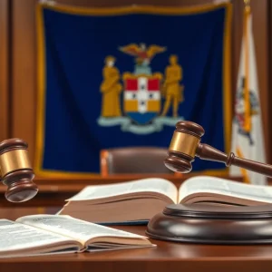 A courtroom setting with a gavel and law books, representing the ruling on New York election law.