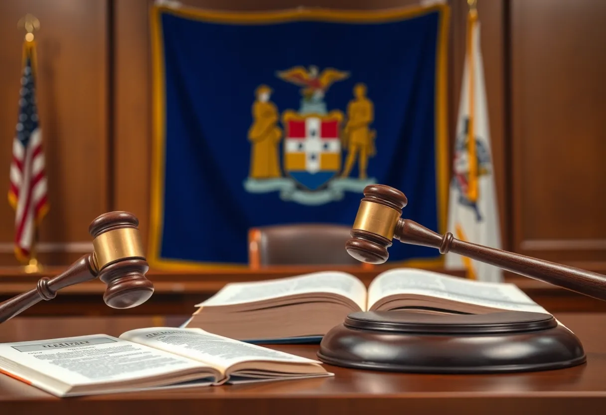 A courtroom setting with a gavel and law books, representing the ruling on New York election law.