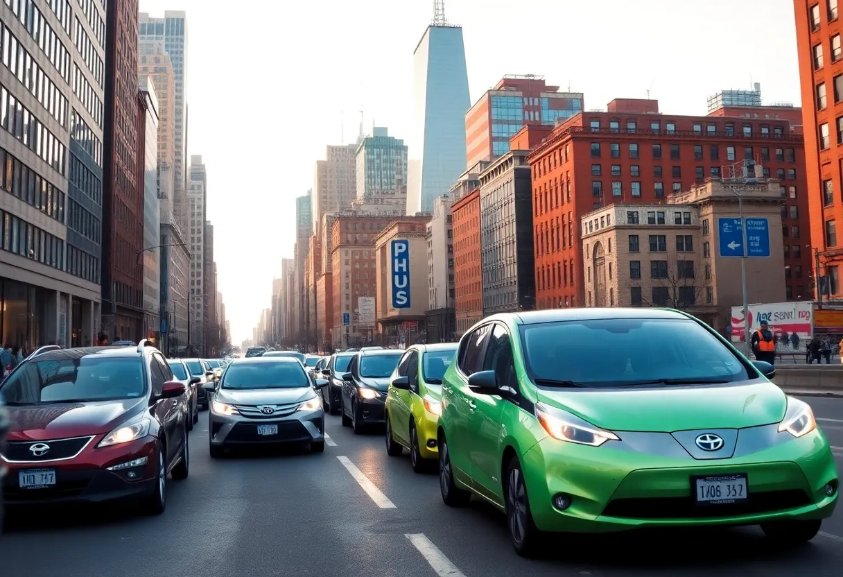Electric vehicles driving through a New York cityscape