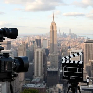 Skyline of New York City with film production elements