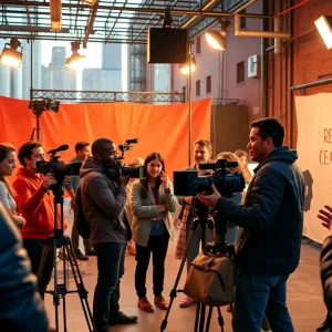 Filmmakers collaborating on set in New York City
