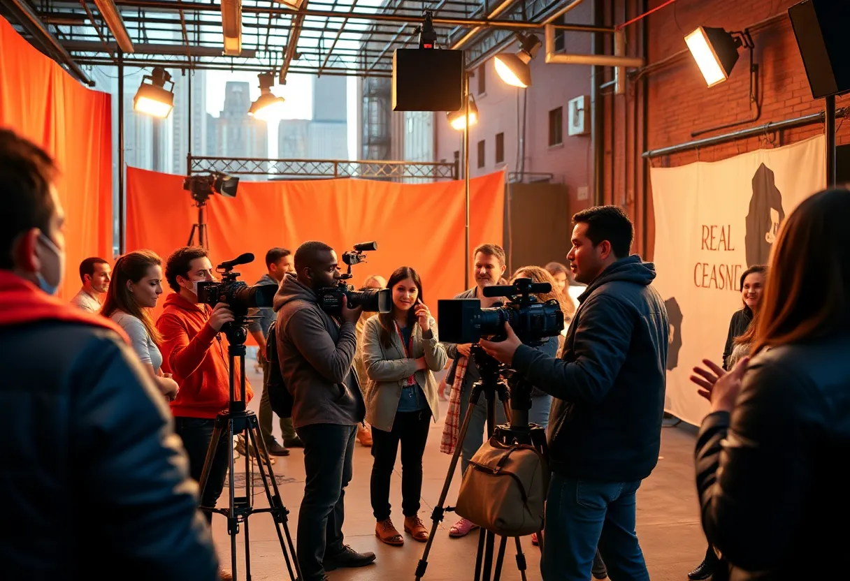 Filmmakers collaborating on set in New York City