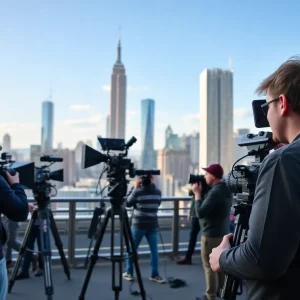 A film set in New York City with crew and cameras