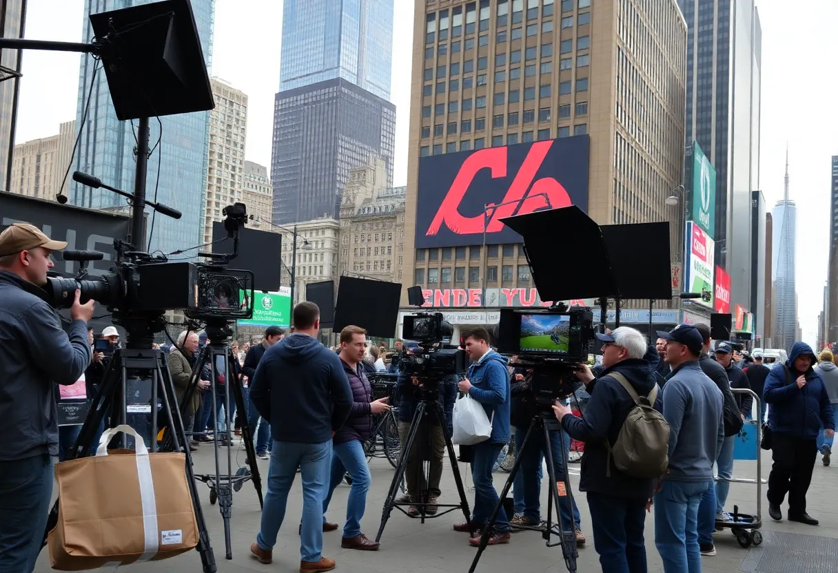 Film crew working on a movie set in New York