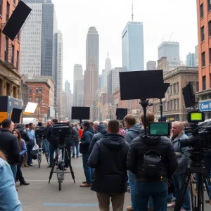 Film set in New York City with crew working on a production