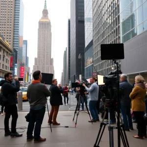 A busy film set in New York with iconic landmarks.