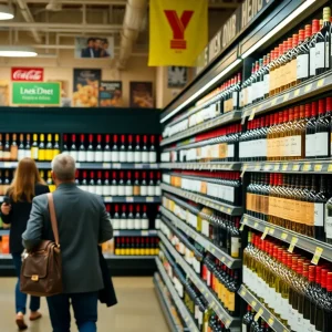 Wine bottles displayed in a New York grocery store aisle.