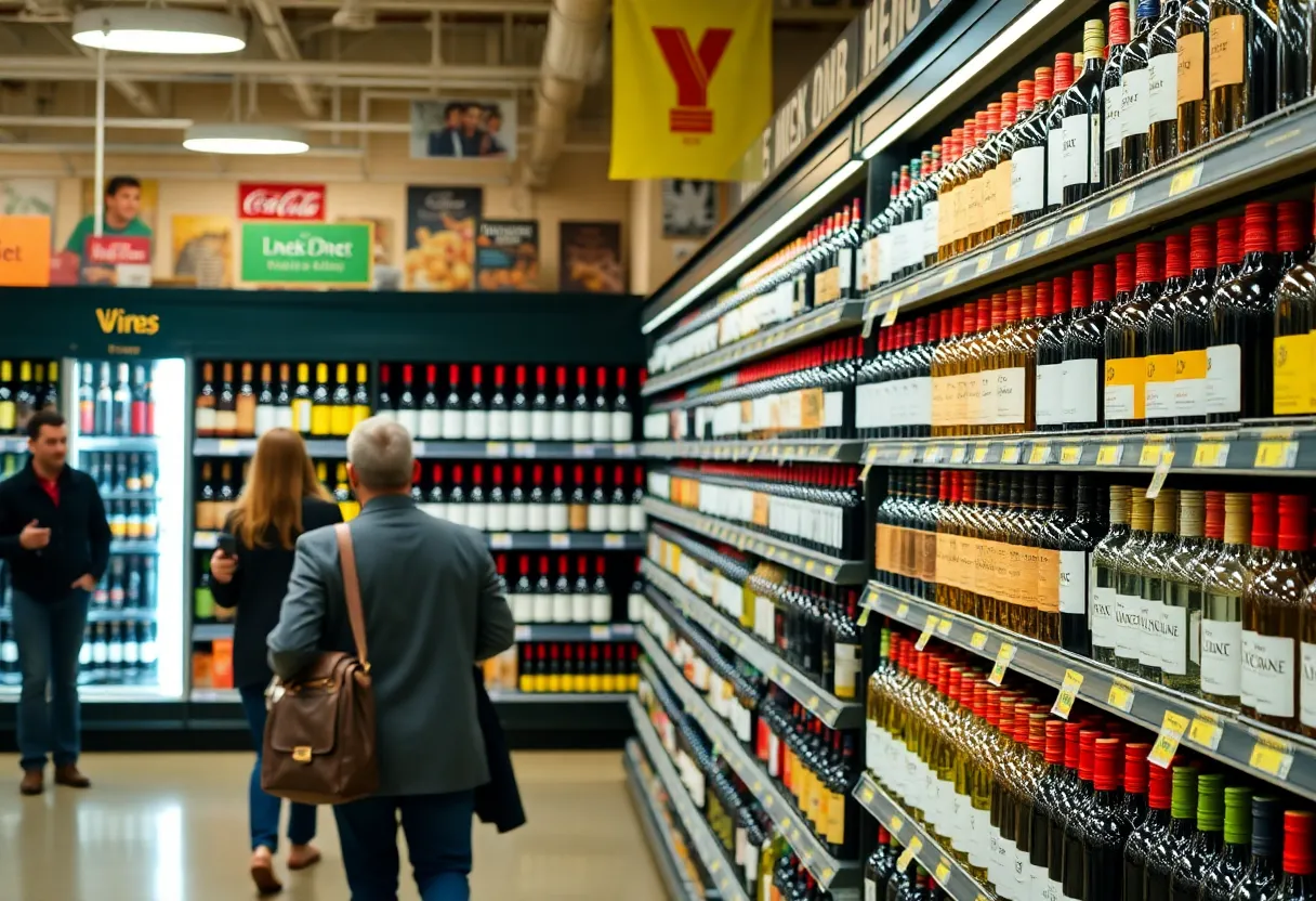 Wine bottles displayed in a New York grocery store aisle.