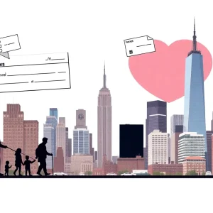 Image illustrating the New York State inflation refund initiative with checks and families