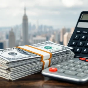 Illustration of dollar bills and calculator representing financial relief in New York