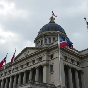 Legislative building of New York State with flags