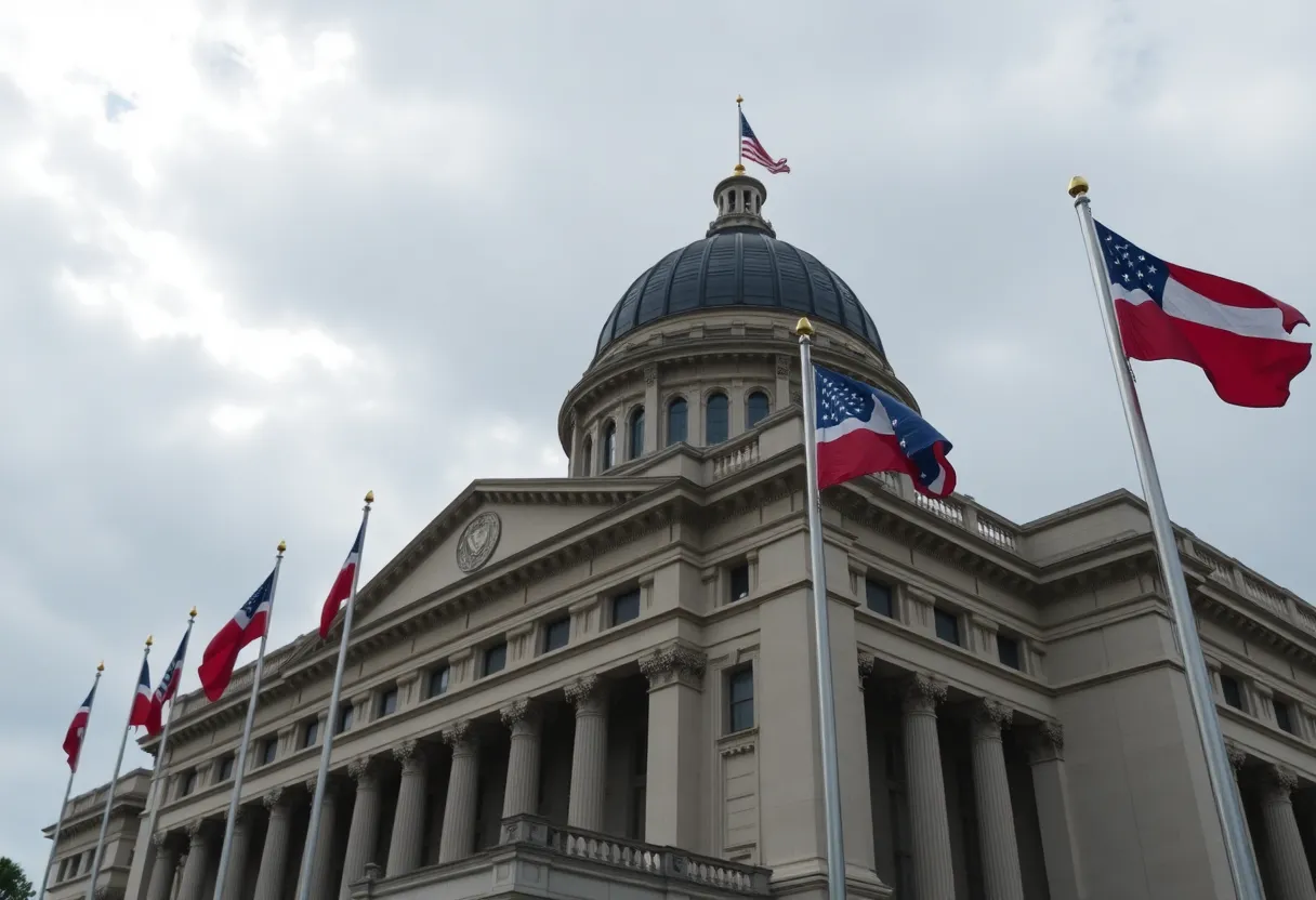 Legislative building of New York State with flags