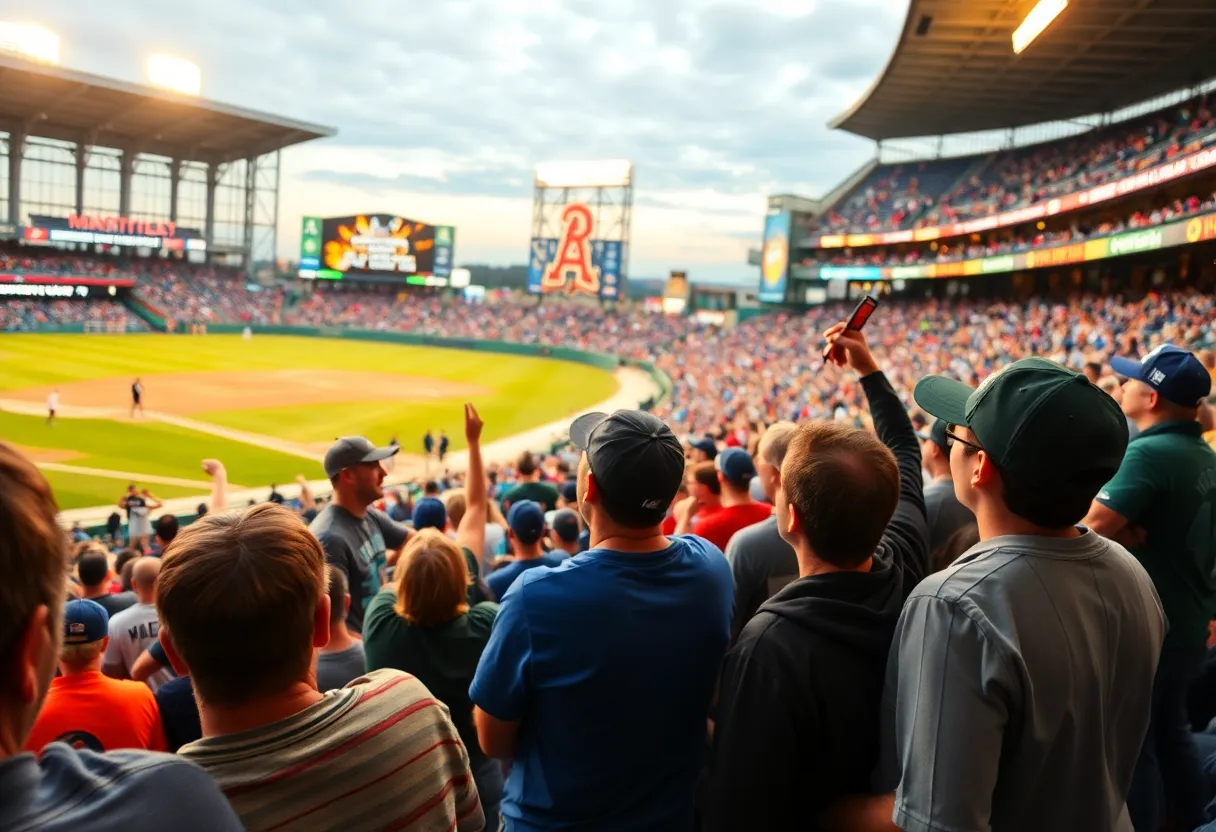 Fans cheering at a New York Mets baseball game