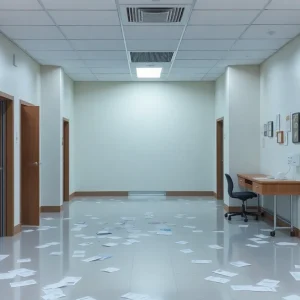 Empty hospital office highlighting layoffs in healthcare