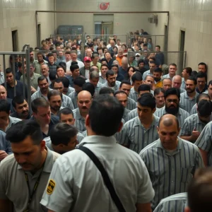 A crowded prison facility indicating staffing challenges and unrest among corrections officers.