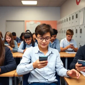 Classroom with students using non-internet smartphones and storing smartphones in lockers.