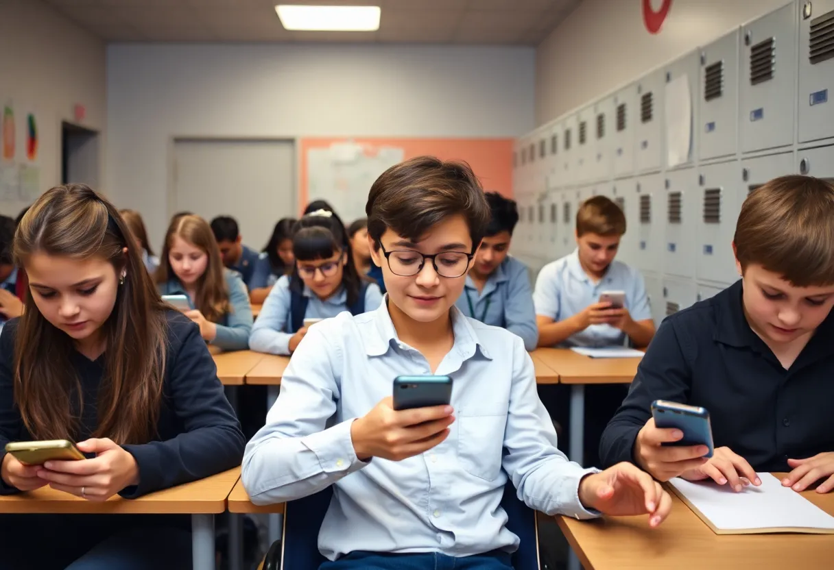 Classroom with students using non-internet smartphones and storing smartphones in lockers.