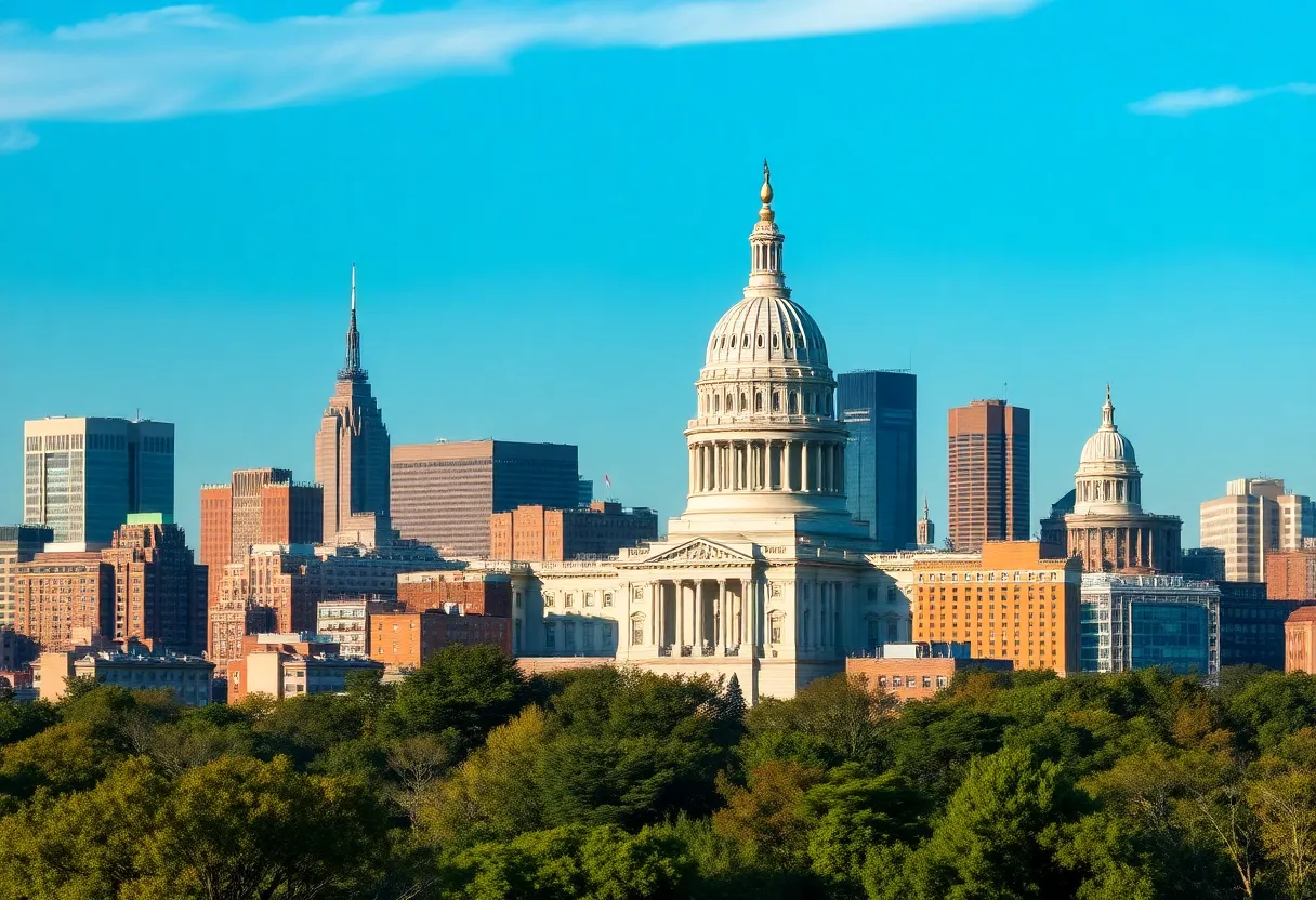 New York skyline with legislative buildings to illustrate budget announcement