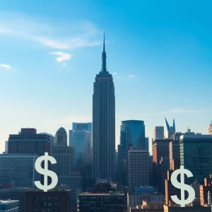 Illustration of New York City skyline with financial symbols.