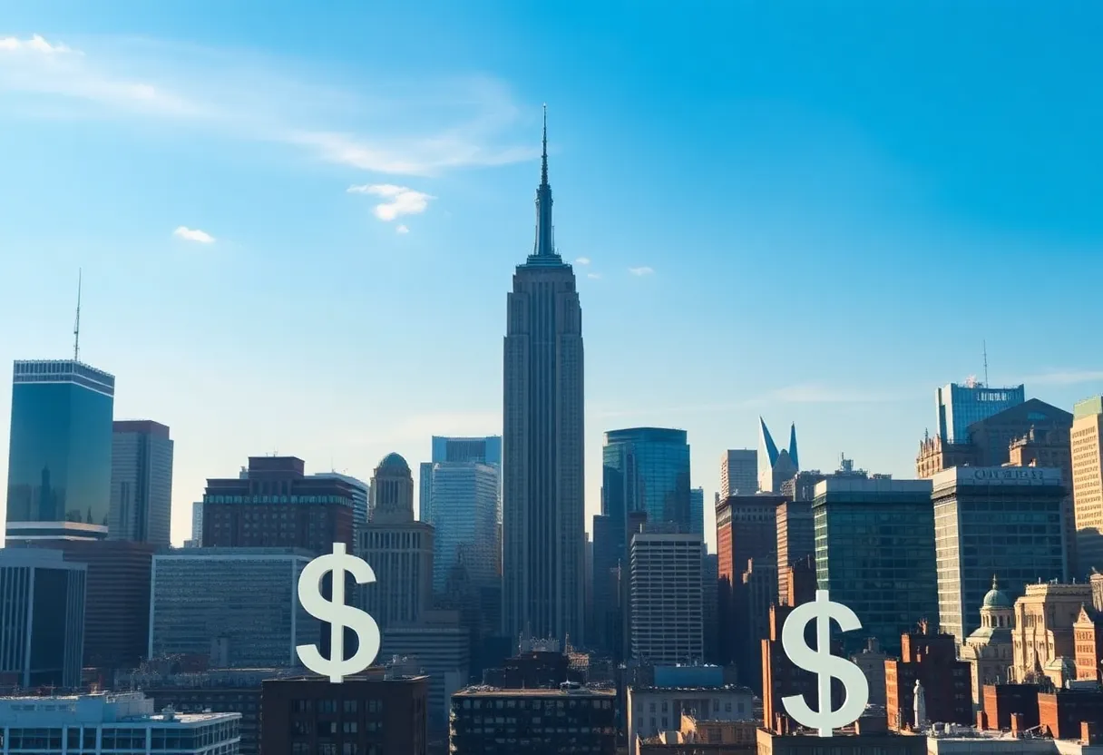 Illustration of New York City skyline with financial symbols.