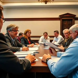 A group of officials discussing the New York State budget in a meeting room.