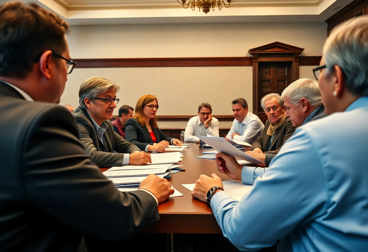 A group of officials discussing the New York State budget in a meeting room.