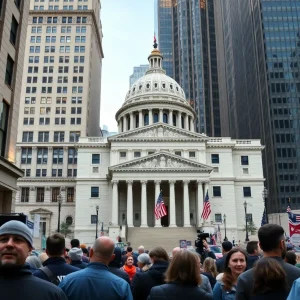 Scene of a New York City government building with citizens discussing budget negotiations.