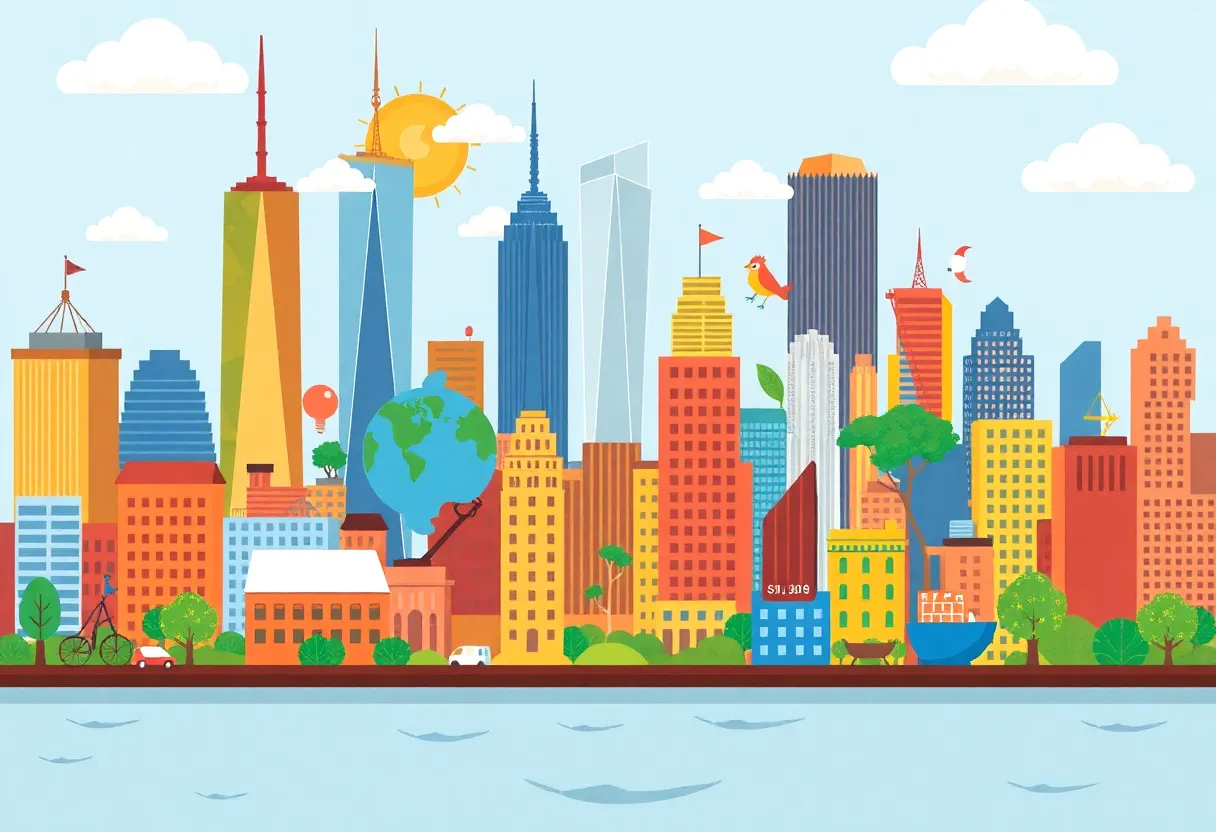 Illustration of New York skyline with symbols of climate change and education investment.