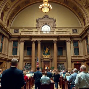 New York State Legislature building with discussions on budget