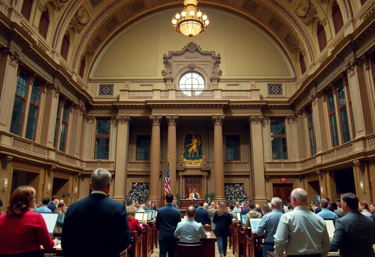 New York State Legislature building with discussions on budget