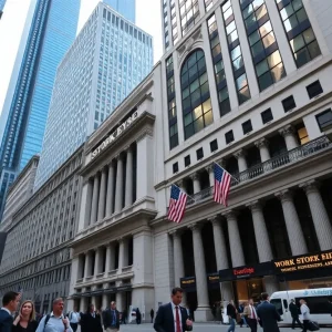 View of the New York Stock Exchange in a busy financial district.