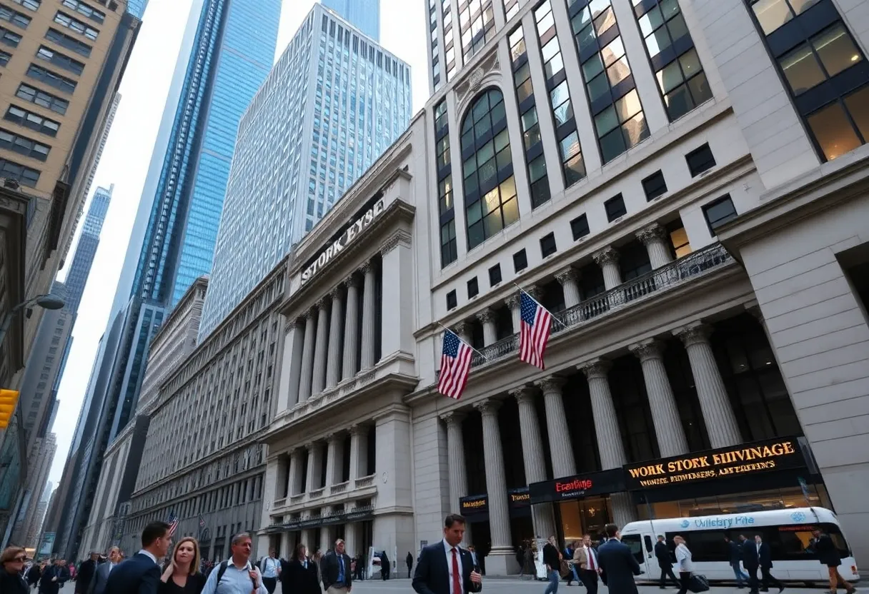 View of the New York Stock Exchange in a busy financial district.