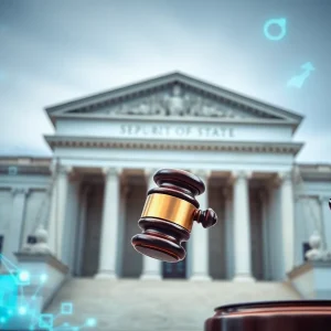 Facade of the New York State Supreme Court with a gavel