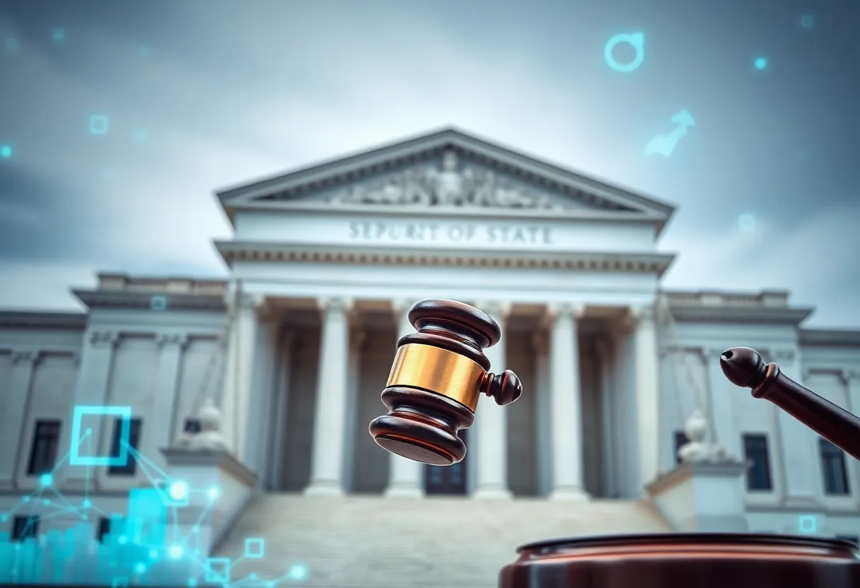 Facade of the New York State Supreme Court with a gavel