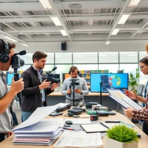 Journalists collaborating in a busy newsroom