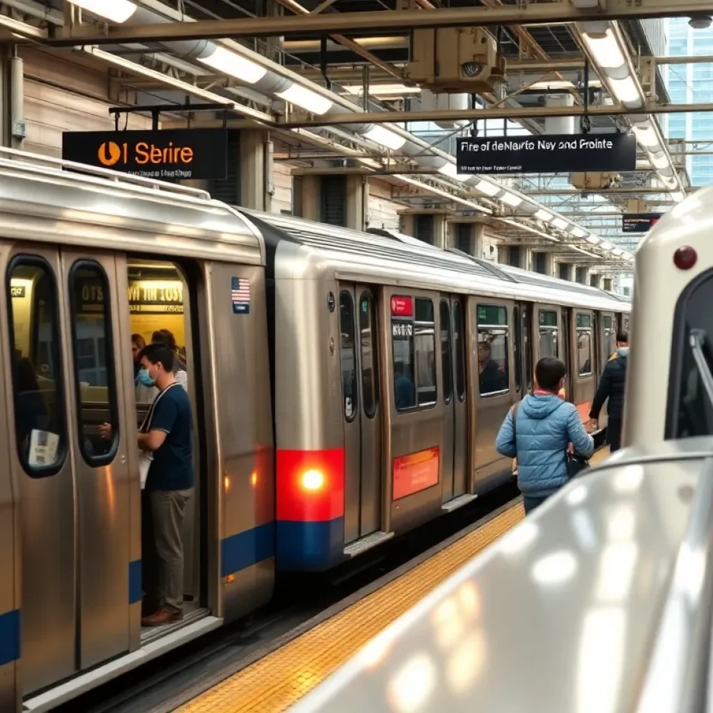 Buses and subways in New York City amidst a busy urban environment.