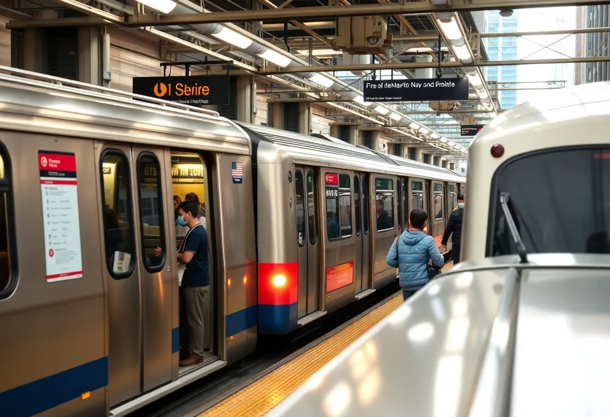Buses and subways in New York City amidst a busy urban environment.