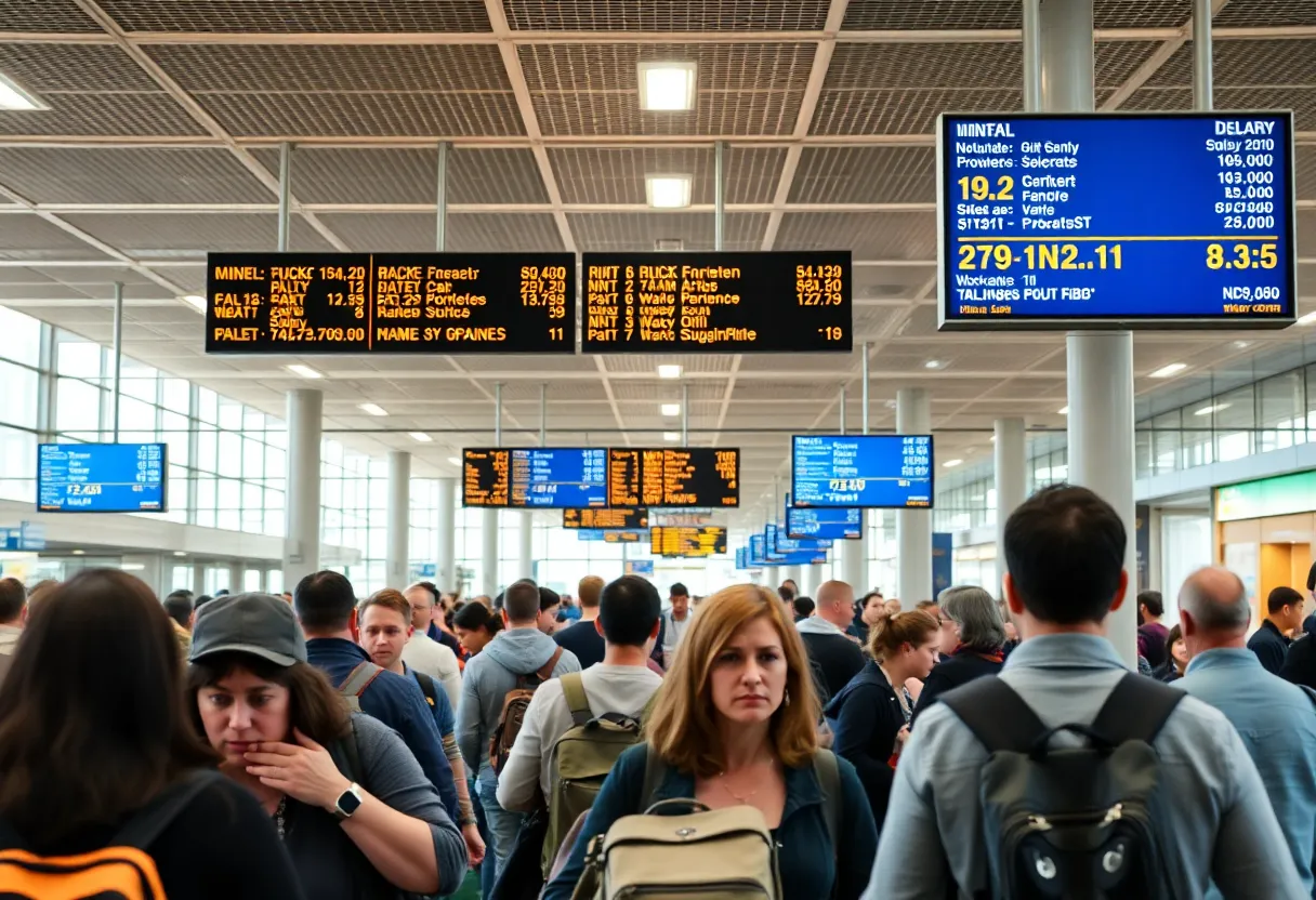 Travelers waiting in a busy Newark Airport terminal due to flight delays.
