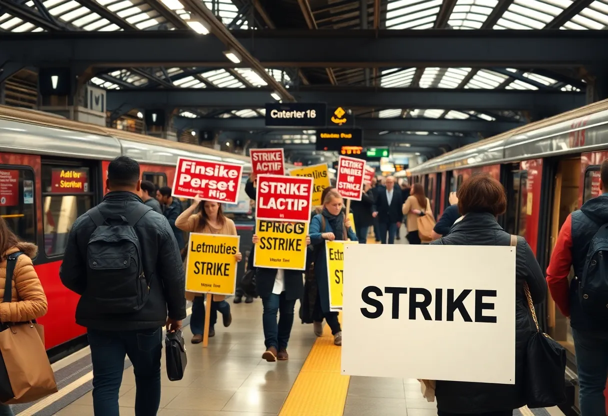 Commuters at an urban train station affected by NJ Transit strike
