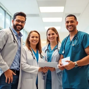 Healthcare professionals collaborating in a modern hospital setting.