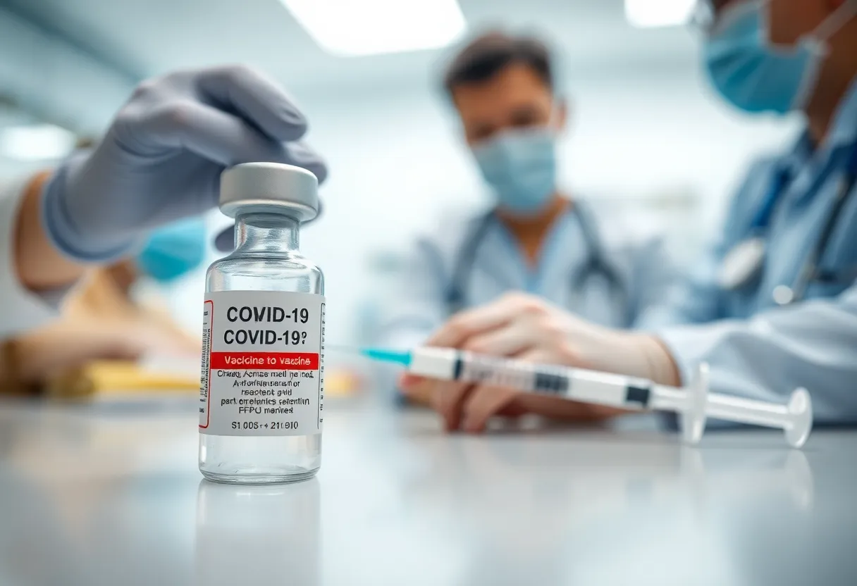 Healthcare professionals preparing a Novavax Covid-19 vaccine