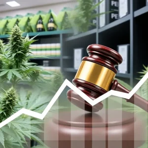 Collage showcasing the struggles of the New York medical marijuana market with legal and economic symbols.