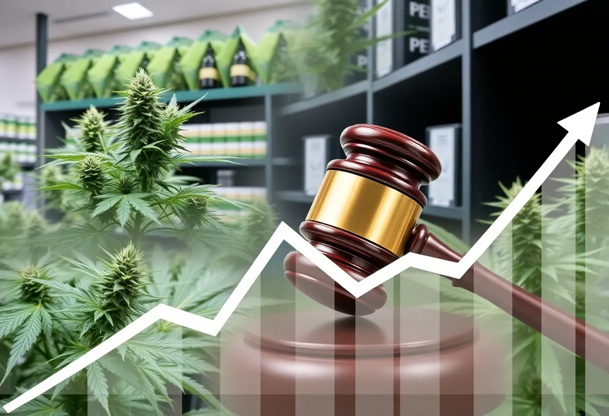 Collage showcasing the struggles of the New York medical marijuana market with legal and economic symbols.