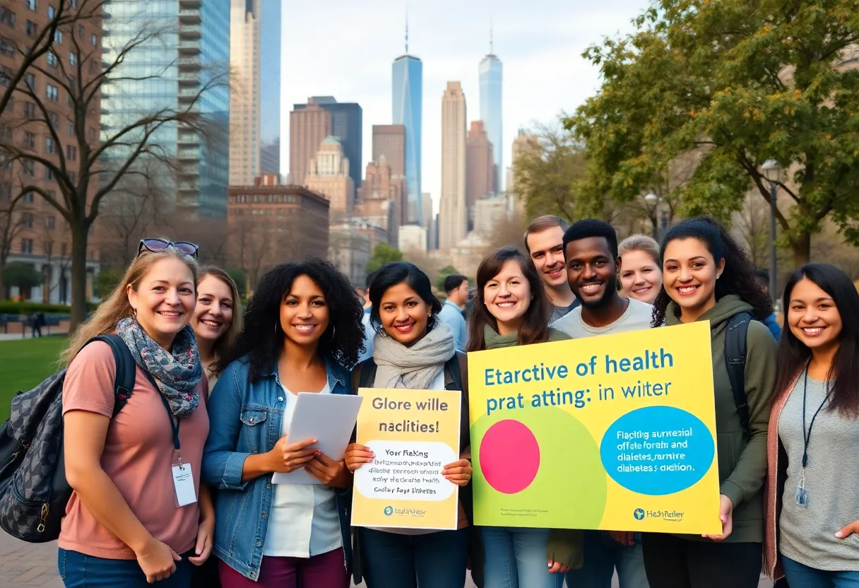 Diverse adults in NYC discussing diabetes awareness in a park