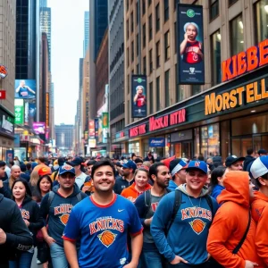 Crowd of Knicks fans celebrating outside Madison Square Garden