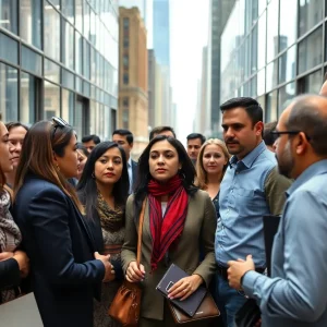 Diverse group of office workers in New York City showing concern