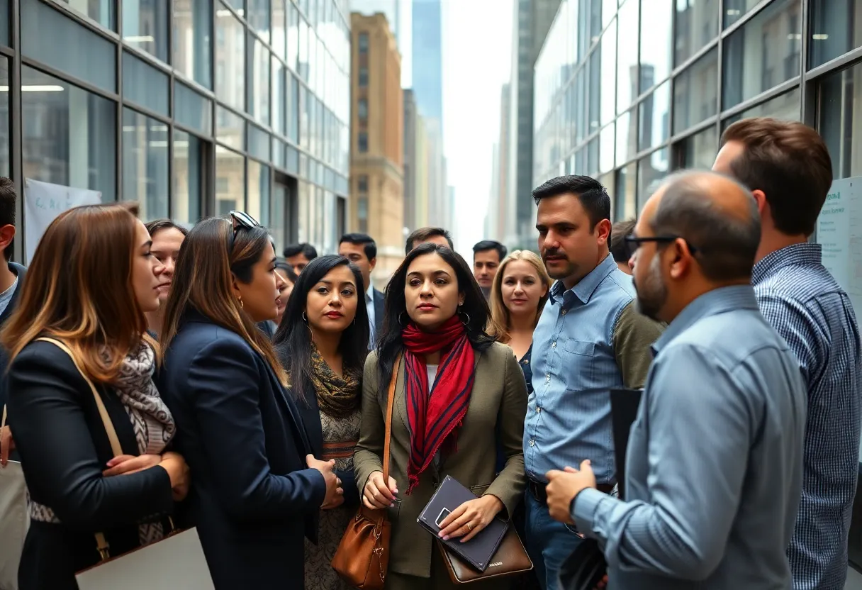 Diverse group of office workers in New York City showing concern